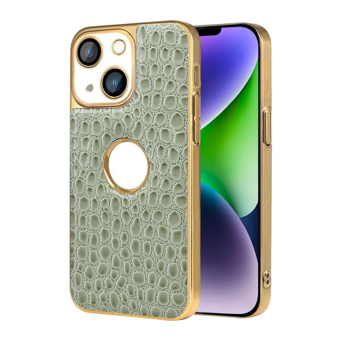 Funda para teléfono con marco galvanizado con textura de cocodrilo perlado y piel vegana., For iPhone 16 Pro Max, For iPhone 16 Pro, For iPhone 16 Plus, For iPhone 16, For iPhone 15 Pro Max, For iPhone 15 Pro, For iPhone 15 Plus, For iPhone 15         ...