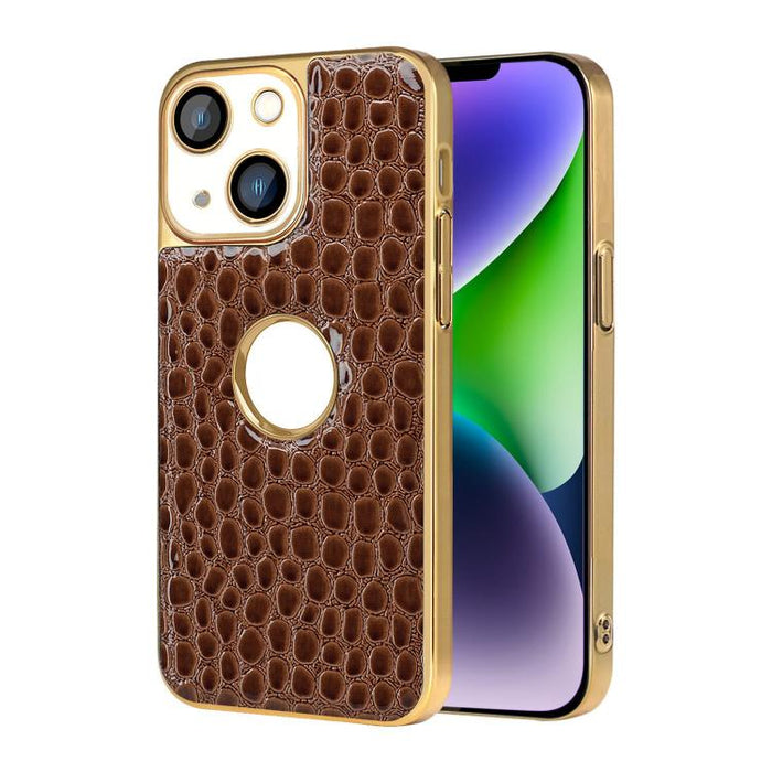 Funda para teléfono con marco galvanizado con textura de cocodrilo perlado y piel vegana., For iPhone 16 Pro Max, For iPhone 16 Pro, For iPhone 16 Plus, For iPhone 16, For iPhone 15 Pro Max, For iPhone 15 Pro, For iPhone 15 Plus, For iPhone 15         ...
