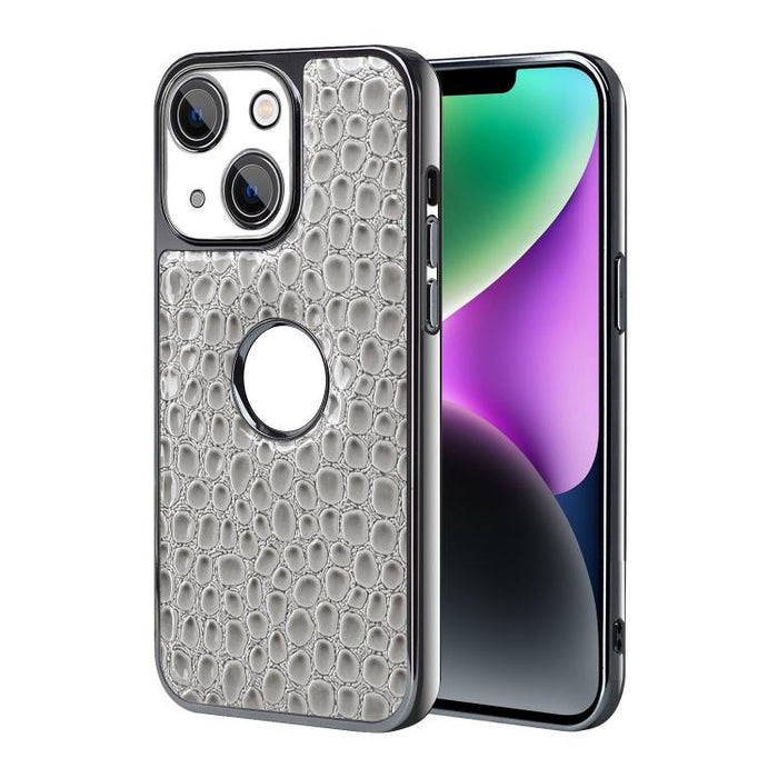 Funda para teléfono con marco galvanizado con textura de cocodrilo perlado y piel vegana., For iPhone 16 Pro Max, For iPhone 16 Pro, For iPhone 16 Plus, For iPhone 16, For iPhone 15 Pro Max, For iPhone 15 Pro, For iPhone 15 Plus, For iPhone 15         ...