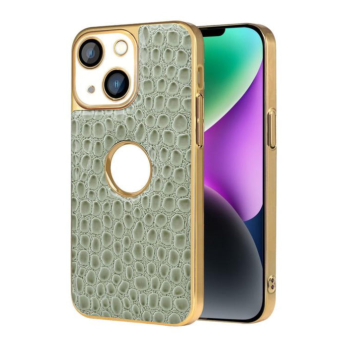 Funda para teléfono con marco galvanizado con textura de cocodrilo perlado y piel vegana., For iPhone 16 Pro Max, For iPhone 16 Pro, For iPhone 16 Plus, For iPhone 16, For iPhone 15 Pro Max, For iPhone 15 Pro, For iPhone 15 Plus, For iPhone 15         ...