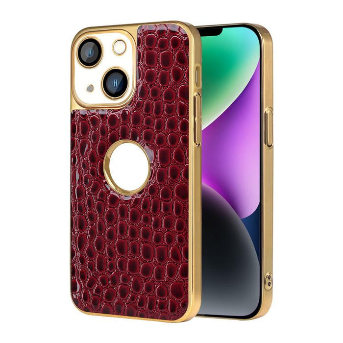 Funda para teléfono con marco galvanizado con textura de cocodrilo perlado y piel vegana., For iPhone 16 Pro Max, For iPhone 16 Pro, For iPhone 16 Plus, For iPhone 16, For iPhone 15 Pro Max, For iPhone 15 Pro, For iPhone 15 Plus, For iPhone 15         ...