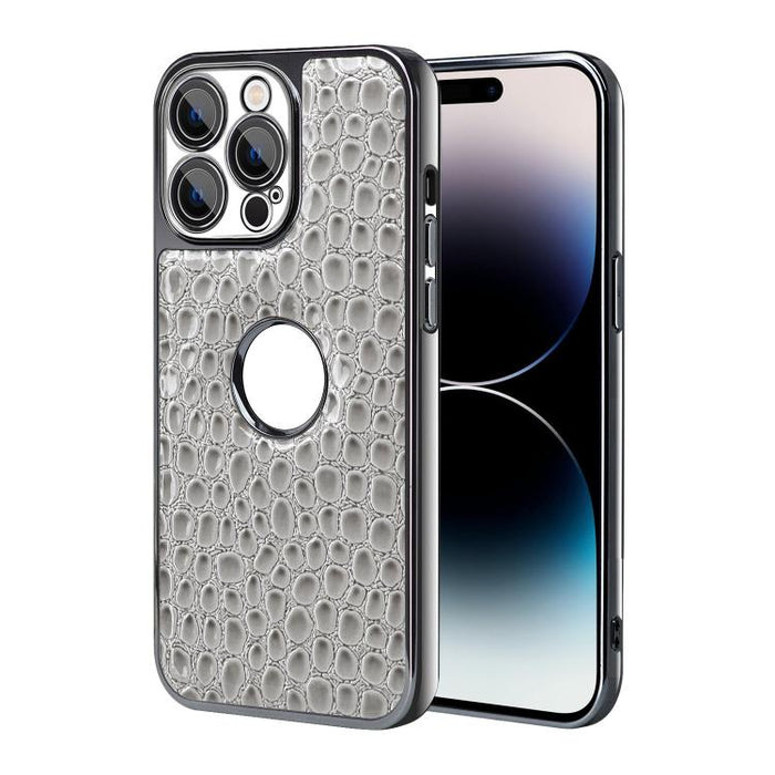 Funda para teléfono con marco galvanizado con textura de cocodrilo perlado y piel vegana., For iPhone 16 Pro Max, For iPhone 16 Pro, For iPhone 16 Plus, For iPhone 16, For iPhone 15 Pro Max, For iPhone 15 Pro, For iPhone 15 Plus, For iPhone 15         ...