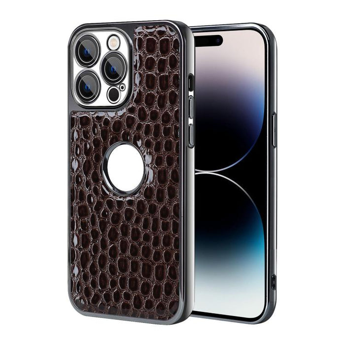 Funda para teléfono con marco galvanizado con textura de cocodrilo perlado y piel vegana., For iPhone 16 Pro Max, For iPhone 16 Pro, For iPhone 16 Plus, For iPhone 16, For iPhone 15 Pro Max, For iPhone 15 Pro, For iPhone 15 Plus, For iPhone 15         ...