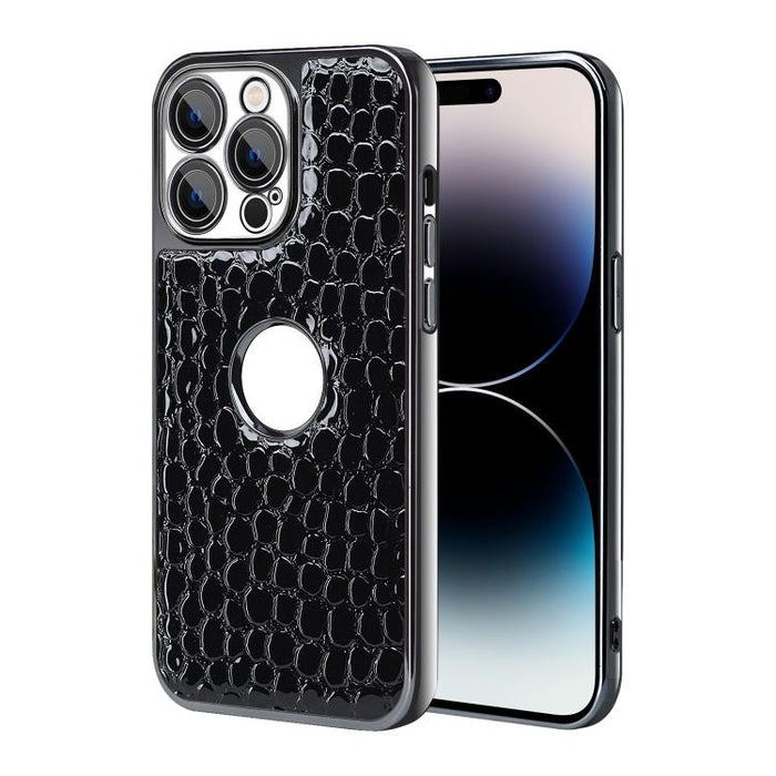 Funda para teléfono con marco galvanizado con textura de cocodrilo perlado y piel vegana., For iPhone 16 Pro Max, For iPhone 16 Pro, For iPhone 16 Plus, For iPhone 16, For iPhone 15 Pro Max, For iPhone 15 Pro, For iPhone 15 Plus, For iPhone 15         ...