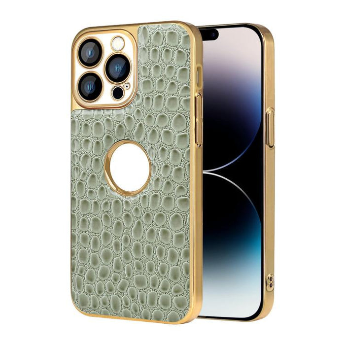 Funda para teléfono con marco galvanizado con textura de cocodrilo perlado y piel vegana., For iPhone 16 Pro Max, For iPhone 16 Pro, For iPhone 16 Plus, For iPhone 16, For iPhone 15 Pro Max, For iPhone 15 Pro, For iPhone 15 Plus, For iPhone 15         ...