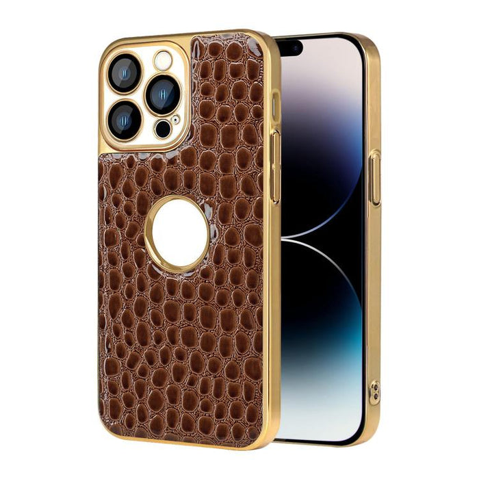 Funda para teléfono con marco galvanizado con textura de cocodrilo perlado y piel vegana., For iPhone 16 Pro Max, For iPhone 16 Pro, For iPhone 16 Plus, For iPhone 16, For iPhone 15 Pro Max, For iPhone 15 Pro, For iPhone 15 Plus, For iPhone 15         ...