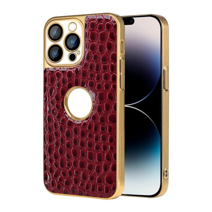 Funda para teléfono con marco galvanizado con textura de cocodrilo perlado y piel vegana., For iPhone 16 Pro Max, For iPhone 16 Pro, For iPhone 16 Plus, For iPhone 16, For iPhone 15 Pro Max, For iPhone 15 Pro, For iPhone 15 Plus, For iPhone 15         ...
