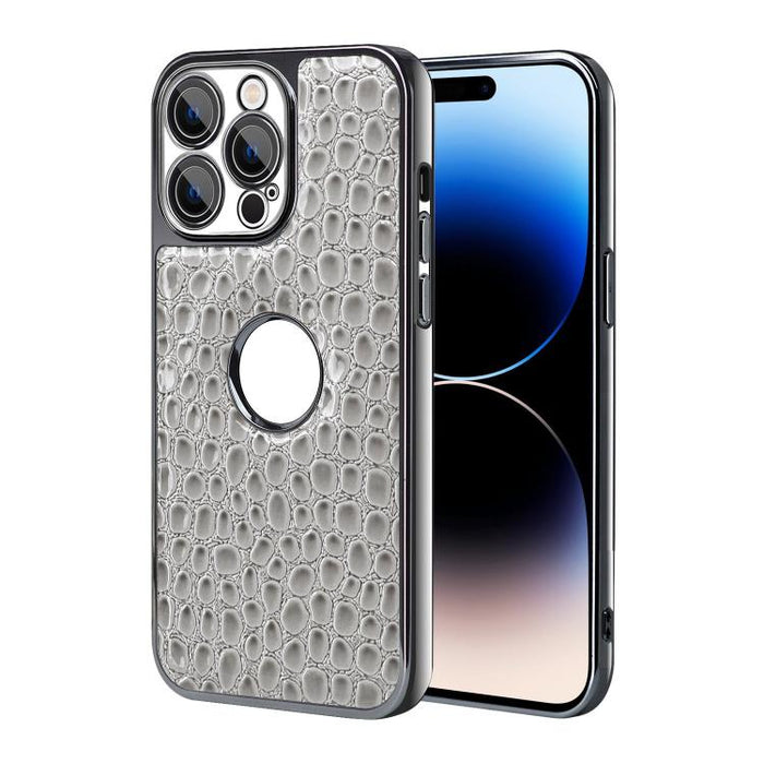 Funda para teléfono con marco galvanizado con textura de cocodrilo perlado y piel vegana., For iPhone 16 Pro Max, For iPhone 16 Pro, For iPhone 16 Plus, For iPhone 16, For iPhone 15 Pro Max, For iPhone 15 Pro, For iPhone 15 Plus, For iPhone 15         ...
