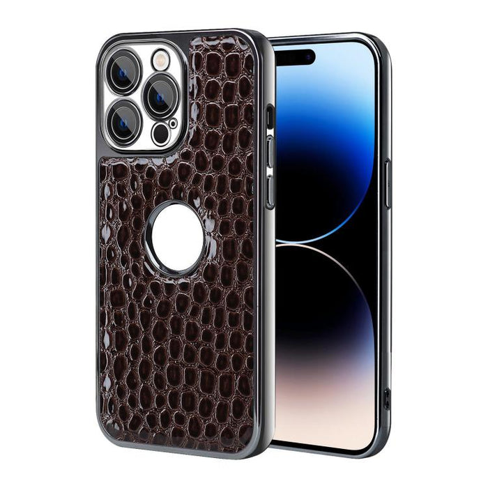 Funda para teléfono con marco galvanizado con textura de cocodrilo perlado y piel vegana., For iPhone 16 Pro Max, For iPhone 16 Pro, For iPhone 16 Plus, For iPhone 16, For iPhone 15 Pro Max, For iPhone 15 Pro, For iPhone 15 Plus, For iPhone 15         ...