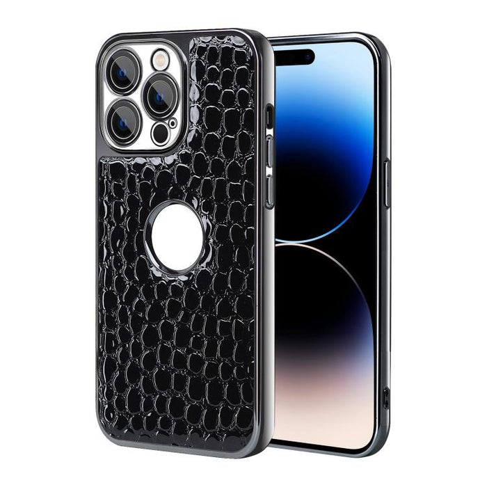 Funda para teléfono con marco galvanizado con textura de cocodrilo perlado y piel vegana., For iPhone 16 Pro Max, For iPhone 16 Pro, For iPhone 16 Plus, For iPhone 16, For iPhone 15 Pro Max, For iPhone 15 Pro, For iPhone 15 Plus, For iPhone 15         ...