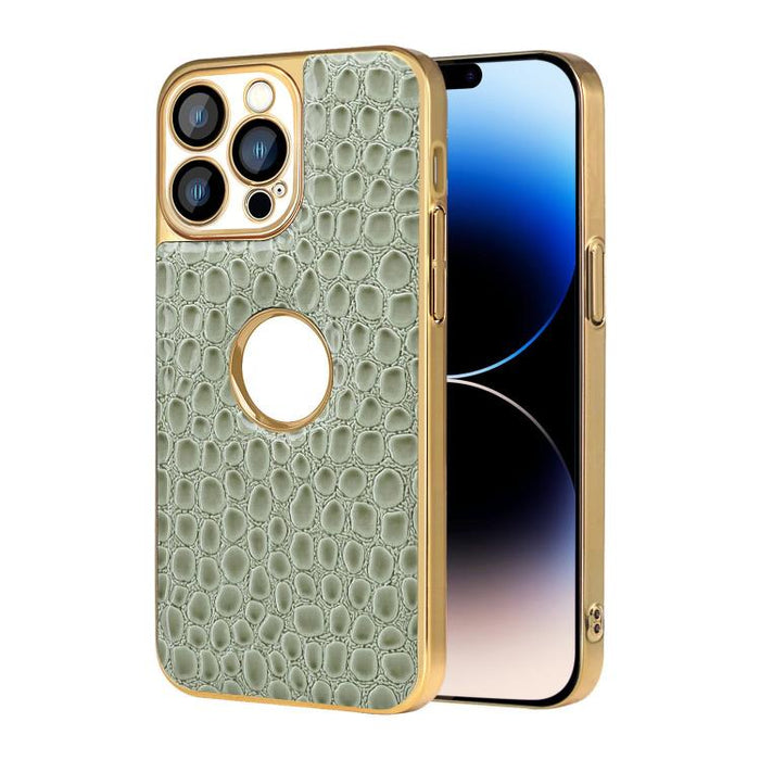 Funda para teléfono con marco galvanizado con textura de cocodrilo perlado y piel vegana., For iPhone 16 Pro Max, For iPhone 16 Pro, For iPhone 16 Plus, For iPhone 16, For iPhone 15 Pro Max, For iPhone 15 Pro, For iPhone 15 Plus, For iPhone 15         ...