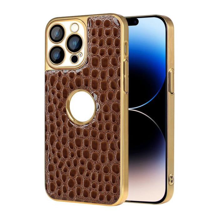 Funda para teléfono con marco galvanizado con textura de cocodrilo perlado y piel vegana., For iPhone 16 Pro Max, For iPhone 16 Pro, For iPhone 16 Plus, For iPhone 16, For iPhone 15 Pro Max, For iPhone 15 Pro, For iPhone 15 Plus, For iPhone 15         ...