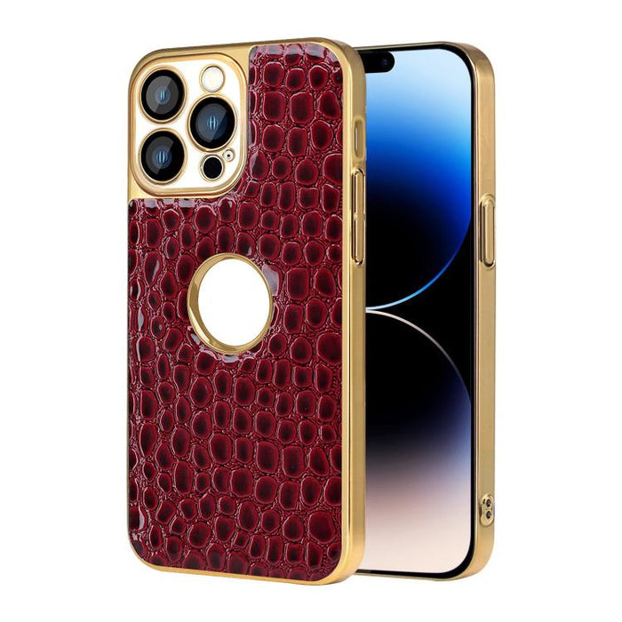 Funda para teléfono con marco galvanizado con textura de cocodrilo perlado y piel vegana., For iPhone 16 Pro Max, For iPhone 16 Pro, For iPhone 16 Plus, For iPhone 16, For iPhone 15 Pro Max, For iPhone 15 Pro, For iPhone 15 Plus, For iPhone 15         ...