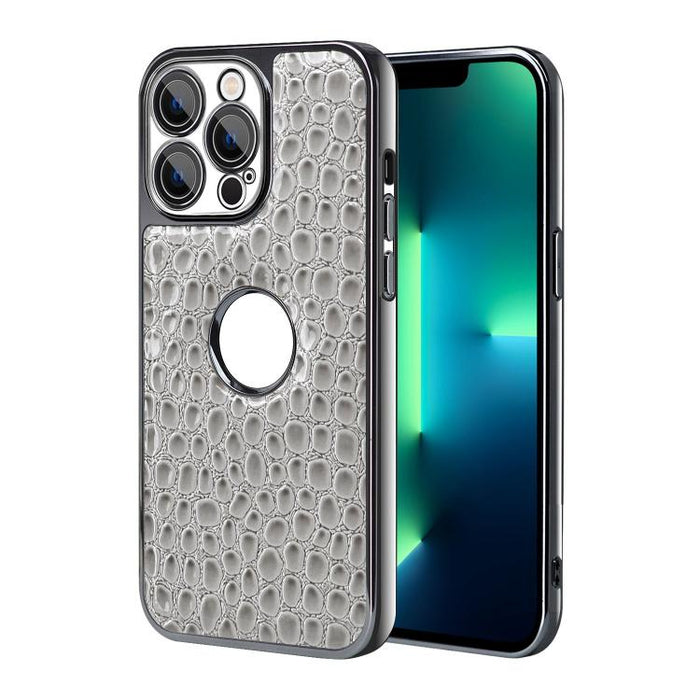 Funda para teléfono con marco galvanizado con textura de cocodrilo perlado y piel vegana., For iPhone 16 Pro Max, For iPhone 16 Pro, For iPhone 16 Plus, For iPhone 16, For iPhone 15 Pro Max, For iPhone 15 Pro, For iPhone 15 Plus, For iPhone 15         ...