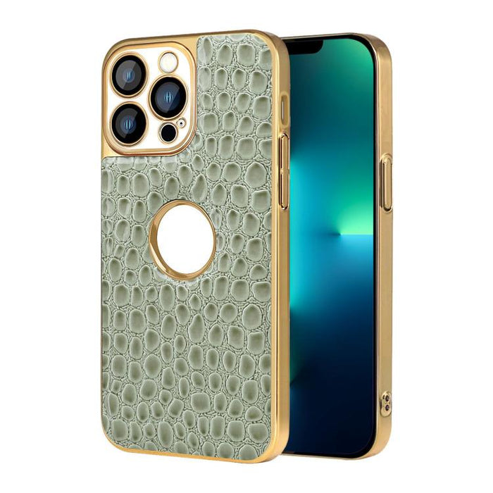 Funda para teléfono con marco galvanizado con textura de cocodrilo perlado y piel vegana., For iPhone 16 Pro Max, For iPhone 16 Pro, For iPhone 16 Plus, For iPhone 16, For iPhone 15 Pro Max, For iPhone 15 Pro, For iPhone 15 Plus, For iPhone 15         ...