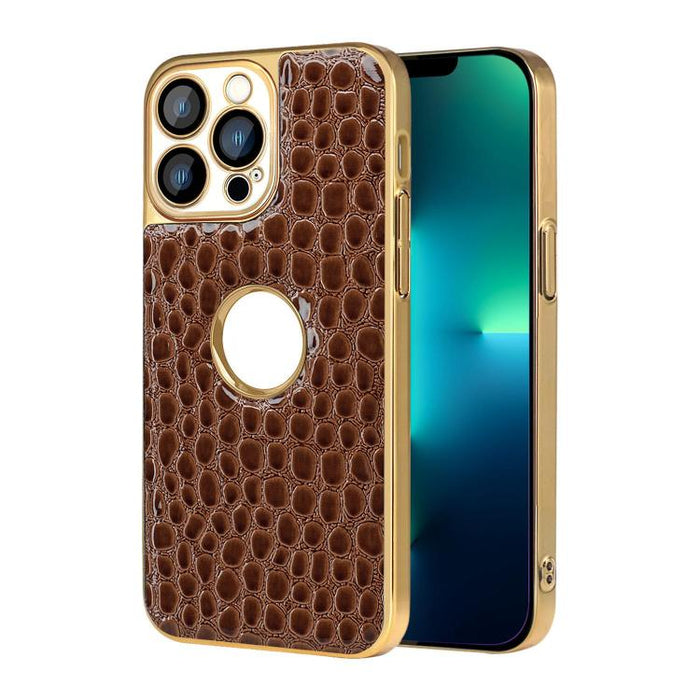Funda para teléfono con marco galvanizado con textura de cocodrilo perlado y piel vegana., For iPhone 16 Pro Max, For iPhone 16 Pro, For iPhone 16 Plus, For iPhone 16, For iPhone 15 Pro Max, For iPhone 15 Pro, For iPhone 15 Plus, For iPhone 15         ...
