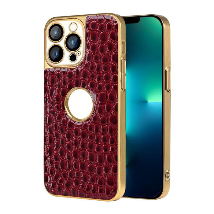 Funda para teléfono con marco galvanizado con textura de cocodrilo perlado y piel vegana., For iPhone 16 Pro Max, For iPhone 16 Pro, For iPhone 16 Plus, For iPhone 16, For iPhone 15 Pro Max, For iPhone 15 Pro, For iPhone 15 Plus, For iPhone 15         ...