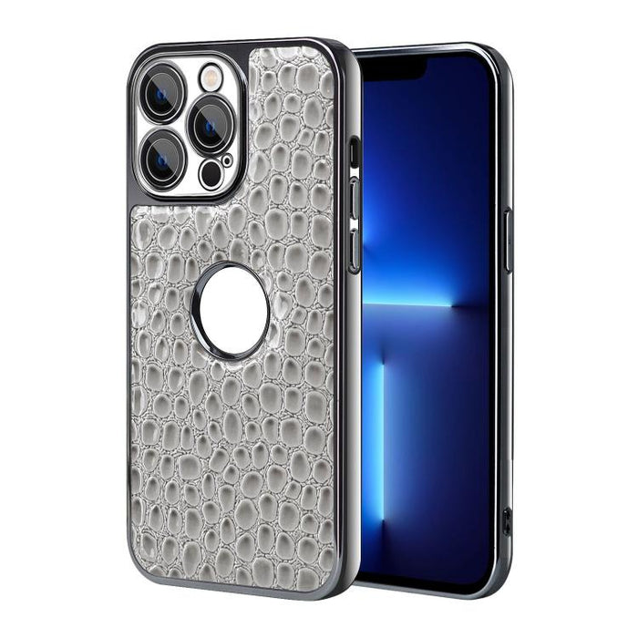 Funda para teléfono con marco galvanizado con textura de cocodrilo perlado y piel vegana., For iPhone 16 Pro Max, For iPhone 16 Pro, For iPhone 16 Plus, For iPhone 16, For iPhone 15 Pro Max, For iPhone 15 Pro, For iPhone 15 Plus, For iPhone 15         ...