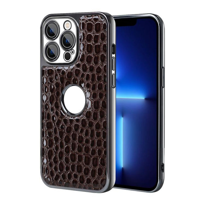 Funda para teléfono con marco galvanizado con textura de cocodrilo perlado y piel vegana., For iPhone 16 Pro Max, For iPhone 16 Pro, For iPhone 16 Plus, For iPhone 16, For iPhone 15 Pro Max, For iPhone 15 Pro, For iPhone 15 Plus, For iPhone 15         ...