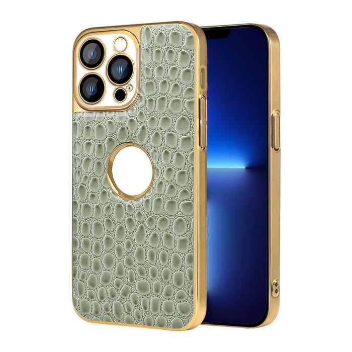 Funda para teléfono con marco galvanizado con textura de cocodrilo perlado y piel vegana., For iPhone 16 Pro Max, For iPhone 16 Pro, For iPhone 16 Plus, For iPhone 16, For iPhone 15 Pro Max, For iPhone 15 Pro, For iPhone 15 Plus, For iPhone 15         ...
