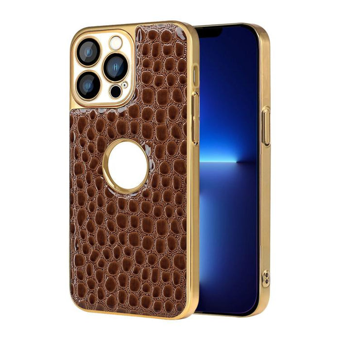 Funda para teléfono con marco galvanizado con textura de cocodrilo perlado y piel vegana., For iPhone 16 Pro Max, For iPhone 16 Pro, For iPhone 16 Plus, For iPhone 16, For iPhone 15 Pro Max, For iPhone 15 Pro, For iPhone 15 Plus, For iPhone 15         ...