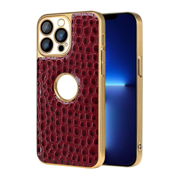Funda para teléfono con marco galvanizado con textura de cocodrilo perlado y piel vegana., For iPhone 16 Pro Max, For iPhone 16 Pro, For iPhone 16 Plus, For iPhone 16, For iPhone 15 Pro Max, For iPhone 15 Pro, For iPhone 15 Plus, For iPhone 15         ...