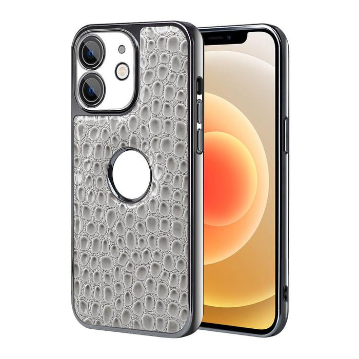 Funda para teléfono con marco galvanizado con textura de cocodrilo perlado y piel vegana., For iPhone 16 Pro Max, For iPhone 16 Pro, For iPhone 16 Plus, For iPhone 16, For iPhone 15 Pro Max, For iPhone 15 Pro, For iPhone 15 Plus, For iPhone 15         ...