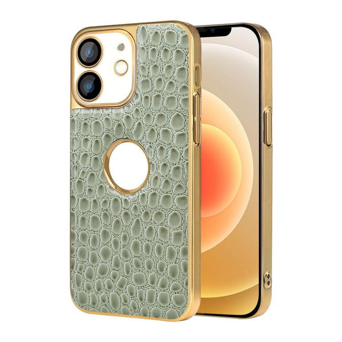 Funda para teléfono con marco galvanizado con textura de cocodrilo perlado y piel vegana., For iPhone 16 Pro Max, For iPhone 16 Pro, For iPhone 16 Plus, For iPhone 16, For iPhone 15 Pro Max, For iPhone 15 Pro, For iPhone 15 Plus, For iPhone 15         ...