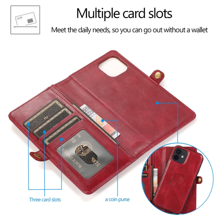 Múltiples ranuras para tarjetas Estuche de cuero con tapa horizontal magnética desmontable con ranuras para tarjetas y soporte y billetera