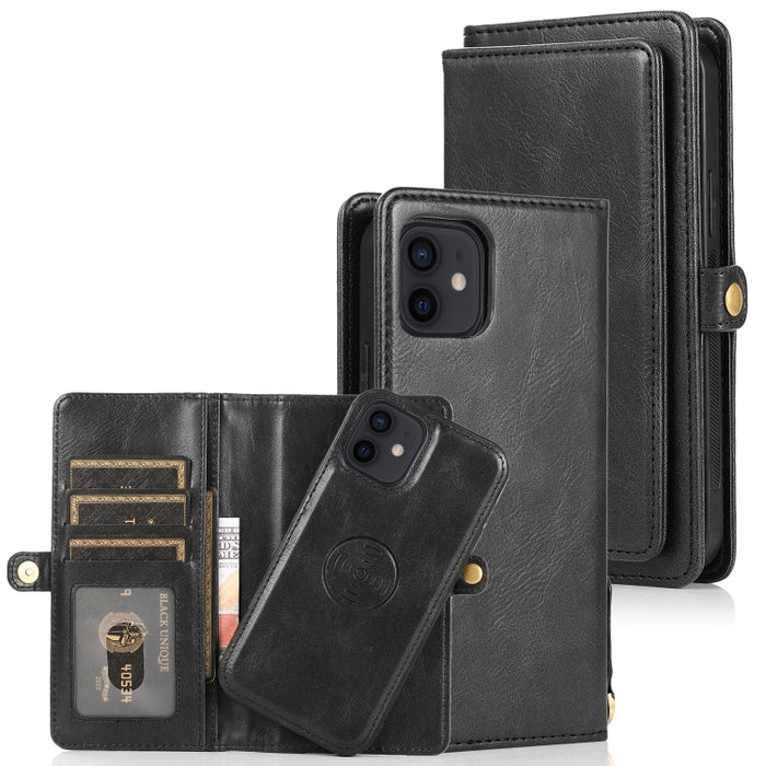 Múltiples ranuras para tarjetas Estuche de cuero con tapa horizontal magnética desmontable con ranuras para tarjetas y soporte y billetera