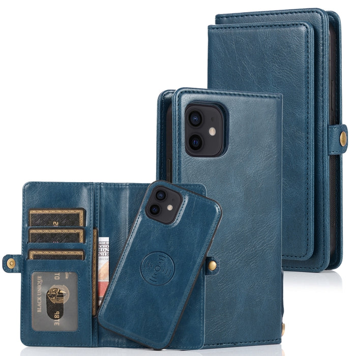 Múltiples ranuras para tarjetas Estuche de cuero con tapa horizontal magnética desmontable con ranuras para tarjetas y soporte y billetera