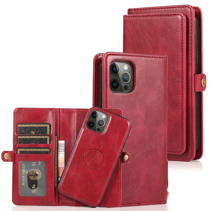 Múltiples ranuras para tarjetas Estuche de cuero con tapa horizontal magnética desmontable con ranuras para tarjetas y soporte y billetera
