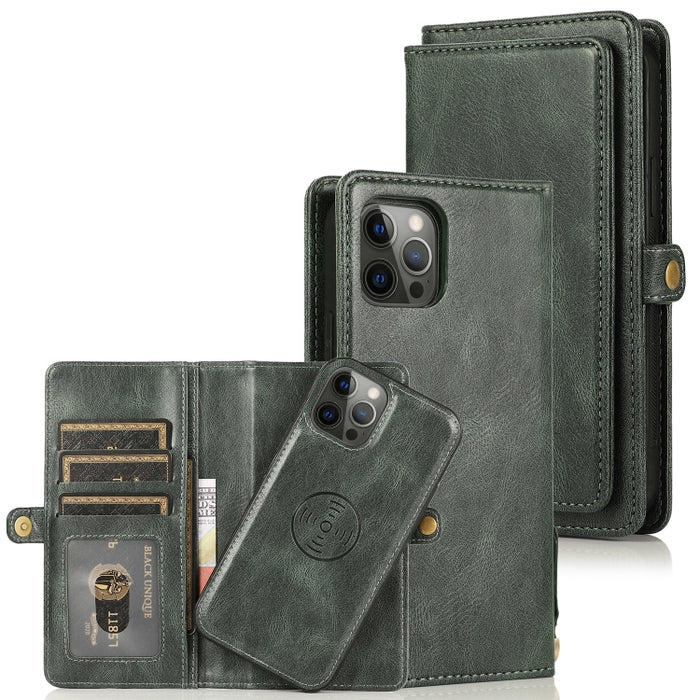 Múltiples ranuras para tarjetas Estuche de cuero con tapa horizontal magnética desmontable con ranuras para tarjetas y soporte y billetera