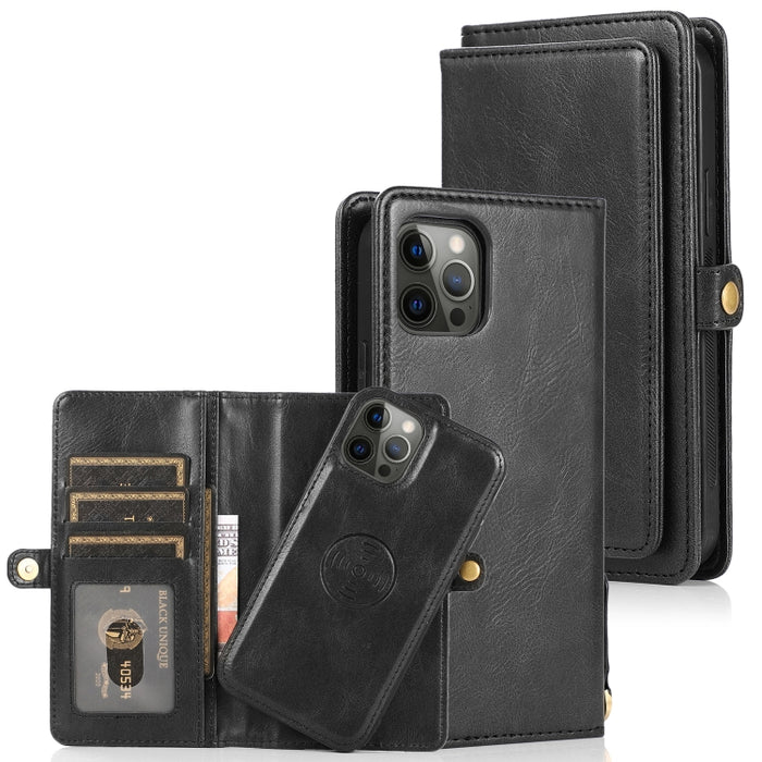 Múltiples ranuras para tarjetas Estuche de cuero con tapa horizontal magnética desmontable con ranuras para tarjetas y soporte y billetera