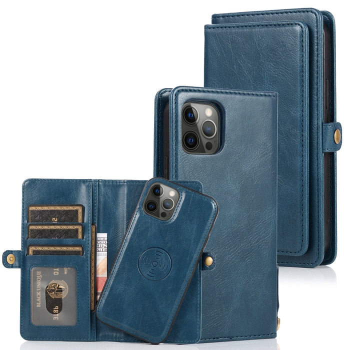 Múltiples ranuras para tarjetas Estuche de cuero con tapa horizontal magnética desmontable con ranuras para tarjetas y soporte y billetera