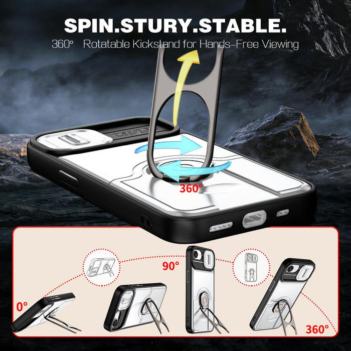 Funda para teléfono con cubierta deslizante para cámara, soporte giratorio 2 en 1, airbag y protección antigolpes., For iPhone 17e / 16e, For iPhone 17 Pro Max, For iPhone 17 Pro, For iPhone 17, For iPhone Air, For iPhone 16 Pro Max