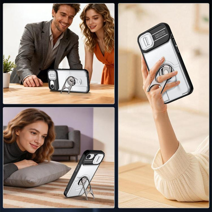 Funda para teléfono con cubierta deslizante para cámara, soporte giratorio 2 en 1, airbag y protección antigolpes., For iPhone 17e / 16e, For iPhone 17 Pro Max, For iPhone 17 Pro, For iPhone 17, For iPhone Air, For iPhone 16 Pro Max