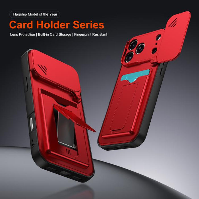 Funda para teléfono híbrida de PC y TPU con tapa deslizante para lente y tarjetero, For iPhone 17 Pro Max, For iPhone 17 Pro, For iPhone 17, For iPhone 16 Pro Max, For iPhone 16 Pro, For iPhone 16