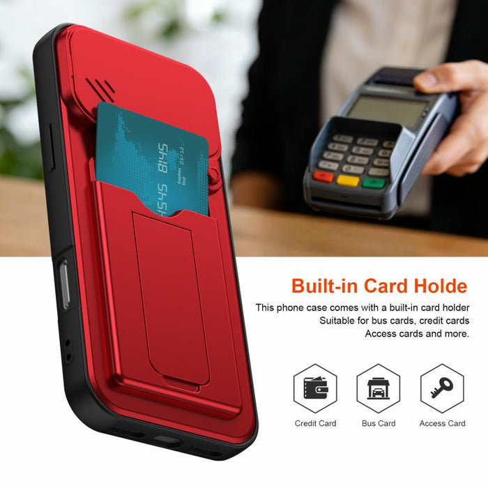 Funda para teléfono híbrida de PC y TPU con tapa deslizante para lente y tarjetero, For iPhone 17 Pro Max, For iPhone 17 Pro, For iPhone 17, For iPhone 16 Pro Max, For iPhone 16 Pro, For iPhone 16