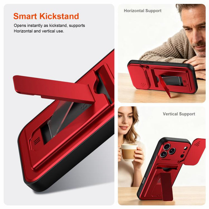 Funda para teléfono híbrida de PC y TPU con tapa deslizante para lente y tarjetero, For iPhone 17 Pro Max, For iPhone 17 Pro, For iPhone 17, For iPhone 16 Pro Max, For iPhone 16 Pro, For iPhone 16