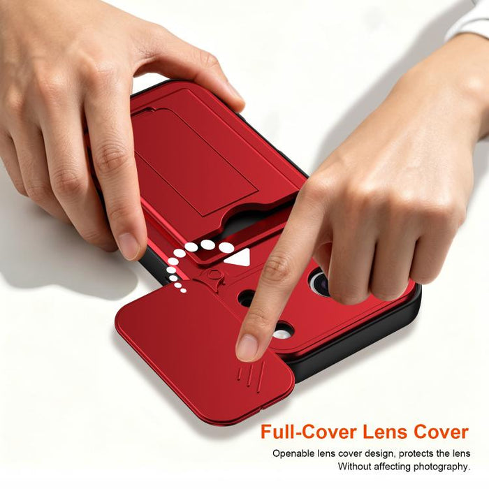 Funda para teléfono híbrida de PC y TPU con tapa deslizante para lente y tarjetero, For iPhone 17 Pro Max, For iPhone 17 Pro, For iPhone 17, For iPhone 16 Pro Max, For iPhone 16 Pro, For iPhone 16