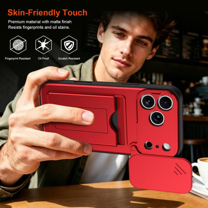 Funda para teléfono híbrida de PC y TPU con tapa deslizante para lente y tarjetero, For iPhone 17 Pro Max, For iPhone 17 Pro, For iPhone 17, For iPhone 16 Pro Max, For iPhone 16 Pro, For iPhone 16