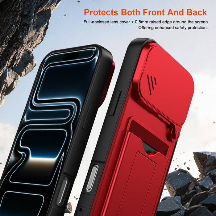 Funda para teléfono híbrida de PC y TPU con tapa deslizante para lente y tarjetero, For iPhone 17 Pro Max, For iPhone 17 Pro, For iPhone 17, For iPhone 16 Pro Max, For iPhone 16 Pro, For iPhone 16