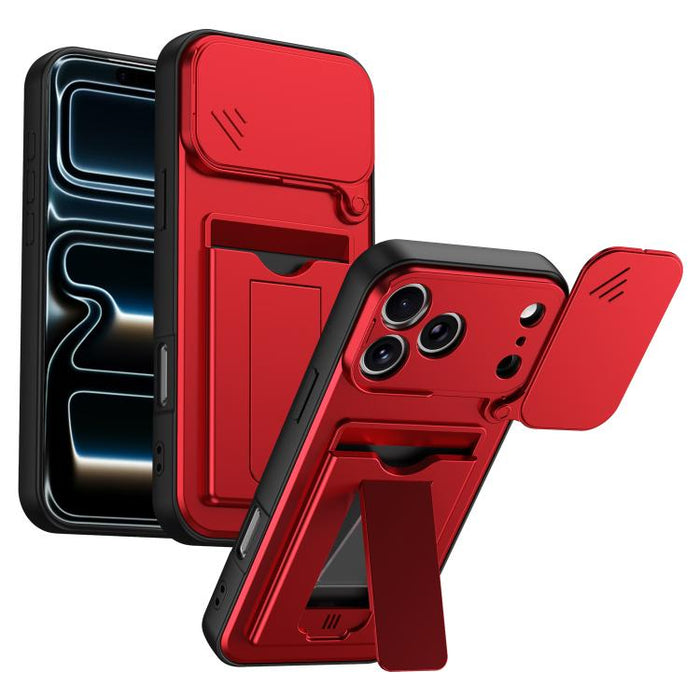 Funda para teléfono híbrida de PC y TPU con tapa deslizante para lente y tarjetero, For iPhone 17 Pro Max, For iPhone 17 Pro, For iPhone 17, For iPhone 16 Pro Max, For iPhone 16 Pro, For iPhone 16