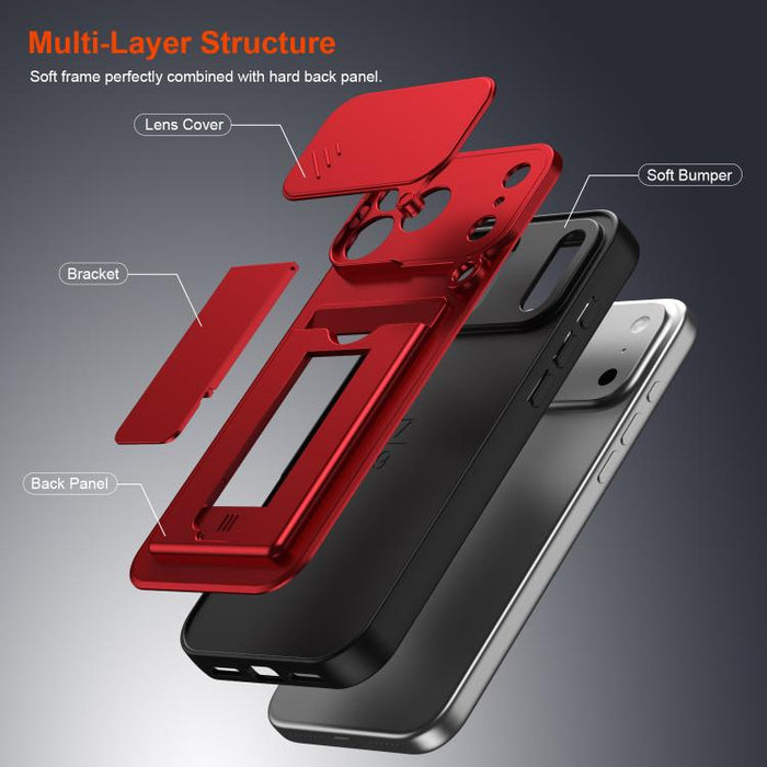 Funda para teléfono híbrida de PC y TPU con tapa deslizante para lente y tarjetero, For iPhone 17 Pro Max, For iPhone 17 Pro, For iPhone 17, For iPhone 16 Pro Max, For iPhone 16 Pro, For iPhone 16