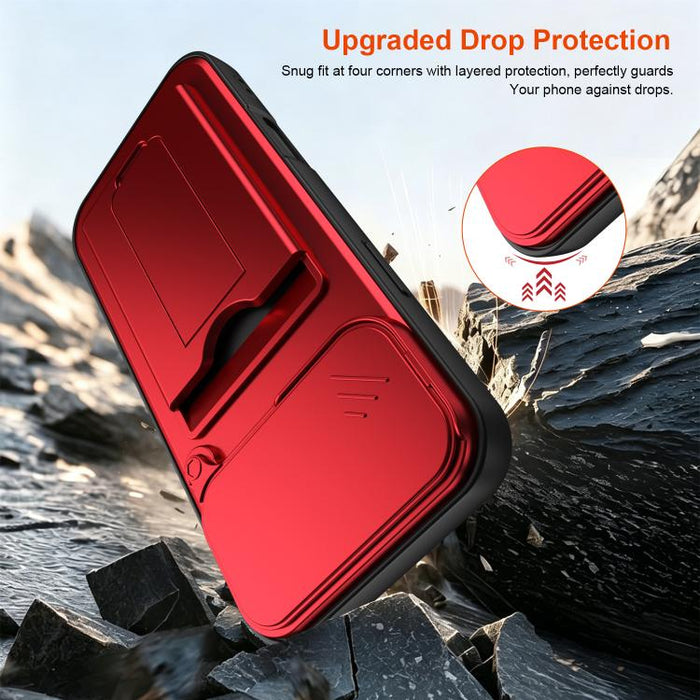 Funda para teléfono híbrida de PC y TPU con tapa deslizante para lente y tarjetero, For iPhone 17 Pro Max, For iPhone 17 Pro, For iPhone 17, For iPhone 16 Pro Max, For iPhone 16 Pro, For iPhone 16