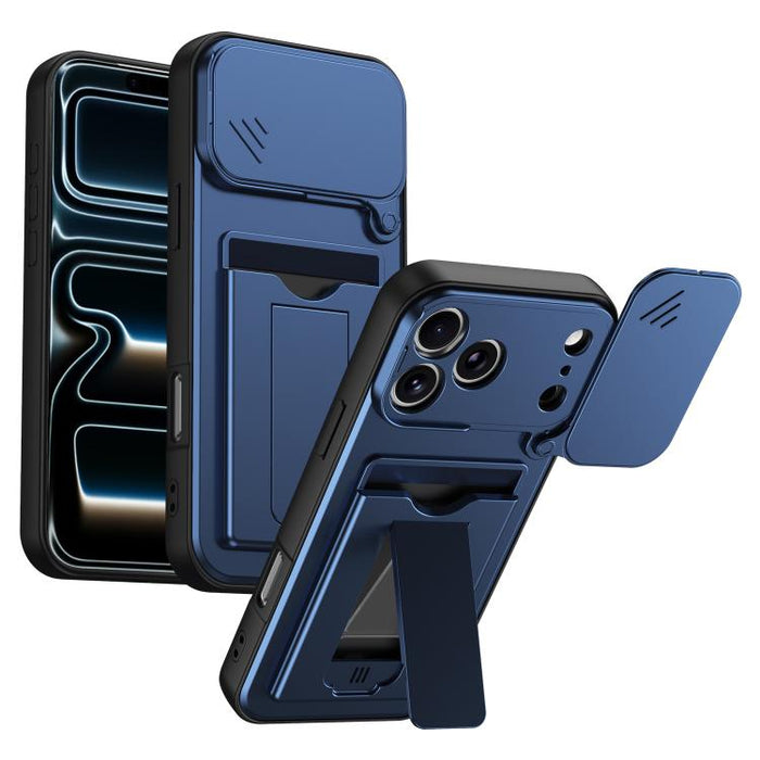 Funda para teléfono híbrida de PC y TPU con tapa deslizante para lente y tarjetero, For iPhone 17 Pro Max, For iPhone 17 Pro, For iPhone 17, For iPhone 16 Pro Max, For iPhone 16 Pro, For iPhone 16