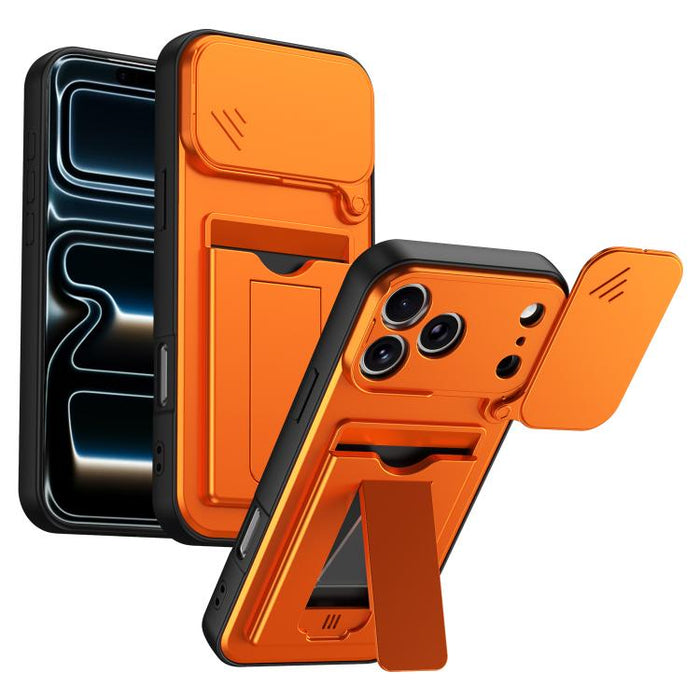 Funda para teléfono híbrida de PC y TPU con tapa deslizante para lente y tarjetero, For iPhone 17 Pro Max, For iPhone 17 Pro, For iPhone 17, For iPhone 16 Pro Max, For iPhone 16 Pro, For iPhone 16