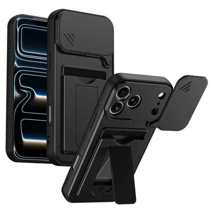 Funda para teléfono híbrida de PC y TPU con tapa deslizante para lente y tarjetero, For iPhone 17 Pro Max, For iPhone 17 Pro, For iPhone 17, For iPhone 16 Pro Max, For iPhone 16 Pro, For iPhone 16