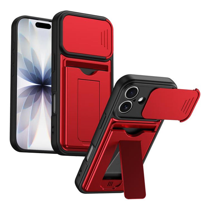 Funda para teléfono híbrida de PC y TPU con tapa deslizante para lente y tarjetero, For iPhone 17 Pro Max, For iPhone 17 Pro, For iPhone 17, For iPhone 16 Pro Max, For iPhone 16 Pro, For iPhone 16